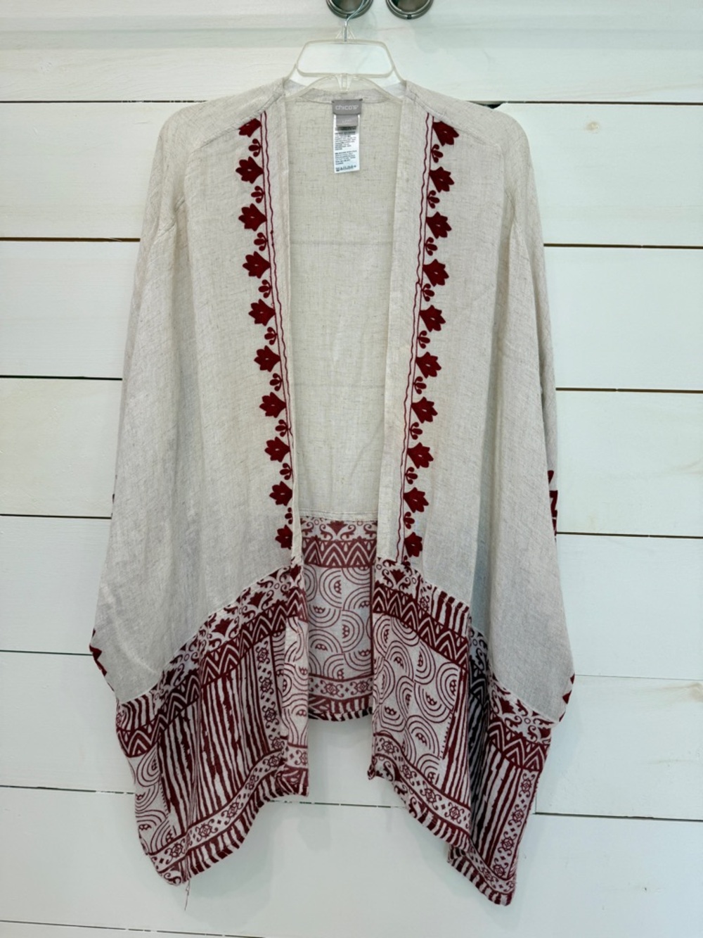 Chico's Cream Open Cardigan with Burgundy Folk Embroidery